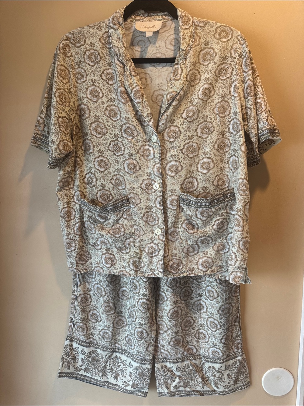 Cleobella Beige Floral Short Sleeve Pajama Set with Light Brown Accents